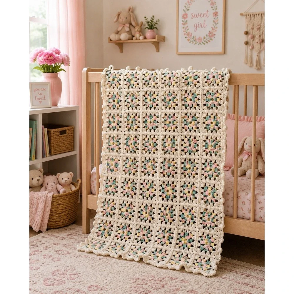 Handmade Crochet Granny Square Baby Blanket Pastel Pink Yellow Green Cream